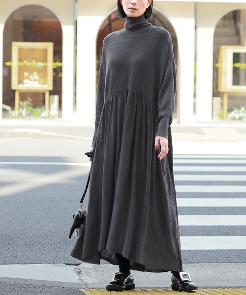 セール】【2025AW】タートルネック ロング ニット ワンピース