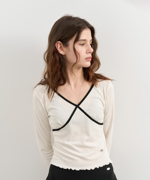 【GENERAL IDEA】Eyelet 配色 V-Neck ティーシャツ GENERAL IDEA/ジェネラルアイディア coloring eyelet v-neck t