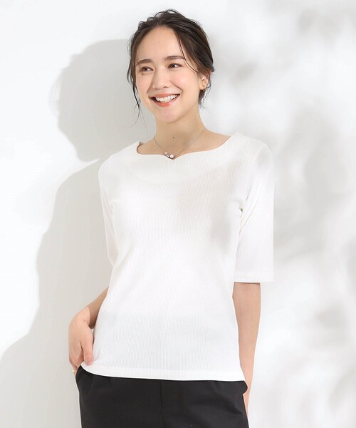 DRESKIP（ドレスキップ）の「【S-LL】女性らしさ漂うハートネック テレコ5分袖トップス（Tシャツ/カットソー・レディース・ブラック/ブルーグリーン/オフホワイト/ホワイト系5・01/02/03/04）」の10枚目の写真