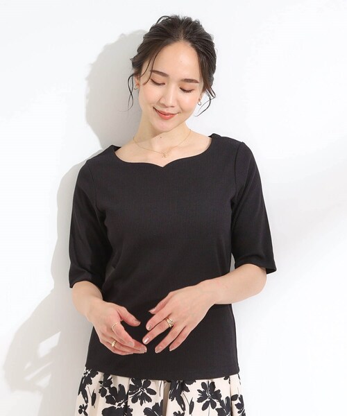 DRESKIP（ドレスキップ）の「【S-LL】女性らしさ漂うハートネック テレコ5分袖トップス（Tシャツ/カットソー・レディース・ブラック/ブルーグリーン/オフホワイト/ホワイト系5・01/02/03/04）」の14枚目の写真