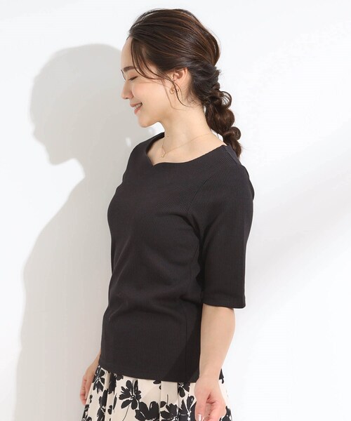 DRESKIP（ドレスキップ）の「【S-LL】女性らしさ漂うハートネック テレコ5分袖トップス（Tシャツ/カットソー・レディース・ブラック/ブルーグリーン/オフホワイト/ホワイト系5・01/02/03/04）」の15枚目の写真