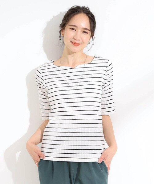 DRESKIP（ドレスキップ）の「【S-LL】女性らしさ漂うハートネック テレコ5分袖トップス（Tシャツ/カットソー・レディース・ブラック/ブルーグリーン/オフホワイト/ホワイト系5・01/02/03/04）」の18枚目の写真