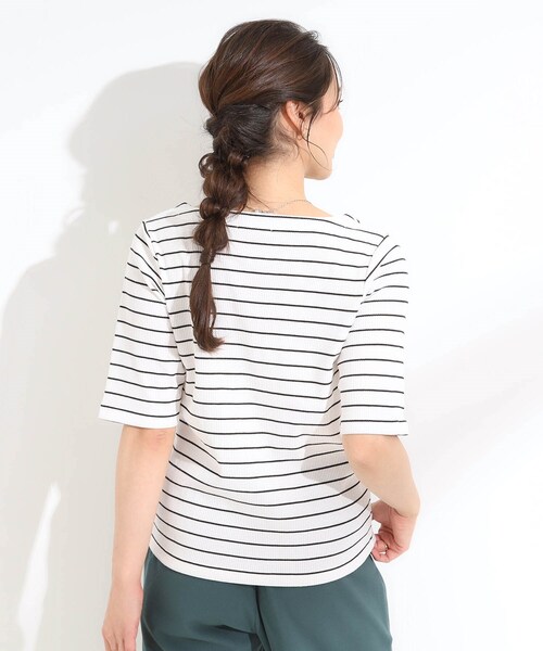 DRESKIP（ドレスキップ）の「【S-LL】女性らしさ漂うハートネック テレコ5分袖トップス（Tシャツ/カットソー・レディース・ブラック/ブルーグリーン/オフホワイト/ホワイト系5・01/02/03/04）」の19枚目の写真