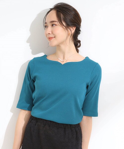 DRESKIP（ドレスキップ）の「【S-LL】女性らしさ漂うハートネック テレコ5分袖トップス（Tシャツ/カットソー・レディース・ブラック/ブルーグリーン/オフホワイト/ホワイト系5・01/02/03/04）」の22枚目の写真