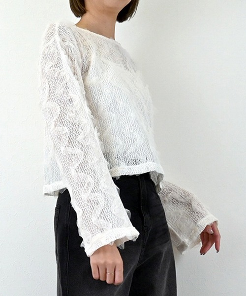 STYLEBLOCK（スタイルブロック）の「チュールフリルメッシュクロップドプルオーバー（Tシャツ/カットソー・レディース・アイボリー/ブラック・M）」の4枚目の写真
