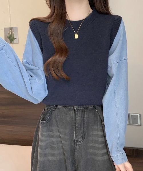 LADY LIKE(レディライク)の「デニムシャツレイヤード風ニットベスト(ニット/セーター・レディース・ネイビー/パープル/グレー・M)」の15枚目の写真