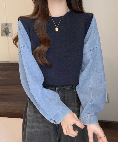 LADY LIKE(レディライク)の「デニムシャツレイヤード風ニットベスト(ニット/セーター・レディース・ネイビー/パープル/グレー・M)」の16枚目の写真