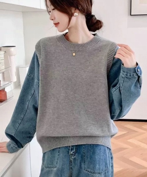 LADY LIKE(レディライク)の「デニムシャツレイヤード風ニットベスト(ニット/セーター・レディース・ネイビー/パープル/グレー・M)」の5枚目の写真