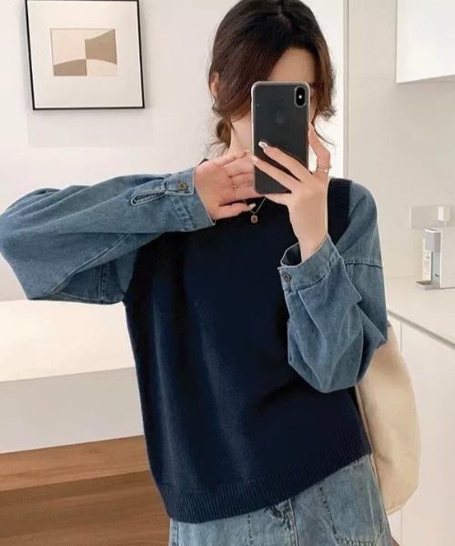 LADY LIKE(レディライク)の「デニムシャツレイヤード風ニットベスト(ニット/セーター・レディース・ネイビー/パープル/グレー・M)」の7枚目の写真