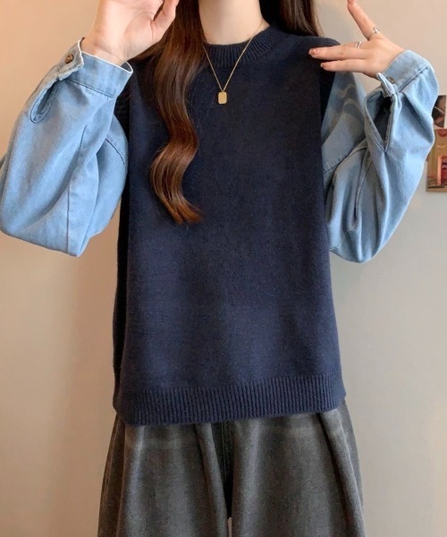 LADY LIKE(レディライク)の「デニムシャツレイヤード風ニットベスト(ニット/セーター・レディース・ネイビー/パープル/グレー・M)」の18枚目の写真