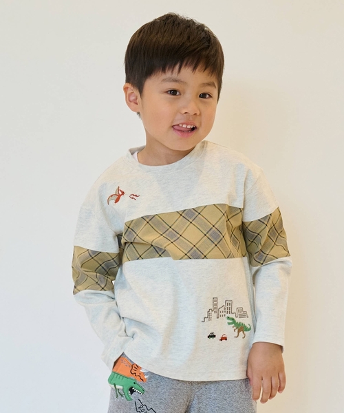 kladskap（クレードスコープ）の「恐竜と街チェック切替長袖Tシャツ（Tシャツ/カットソー・キッズ・カーキ/ホワイト系その他・90cm/110cm/120cm/100cm/130cm）」の2枚目の写真
