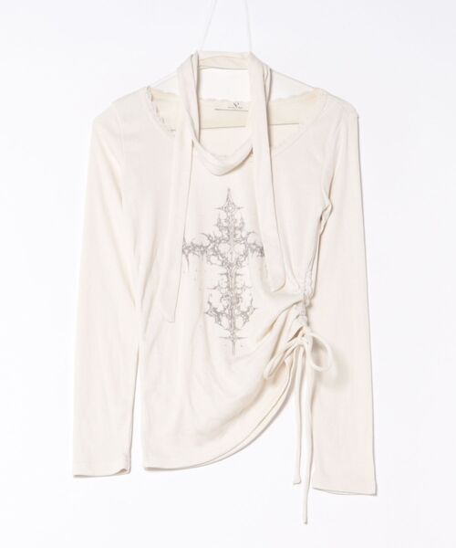 Never mind the XU / Chikashitsu+（ネバーマインド ザ エックスユー / チカシツプラス）の「【nmtc+】side gather cross long sleeve / 【エヌエムティーシープラス】サイドギャザークロス長袖Tシャツ（Tシャツ/カットソー・レディース・チャコール/アイボリー・ONE SIZE）」の9枚目の写真