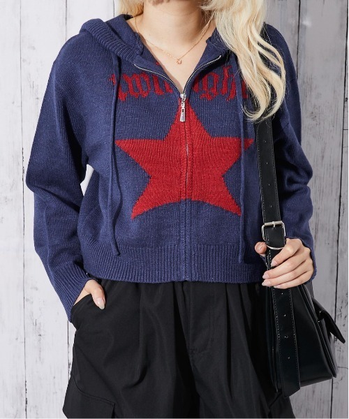 セール】《星モチーフ×ジップアップ》レディース ニットパーカー