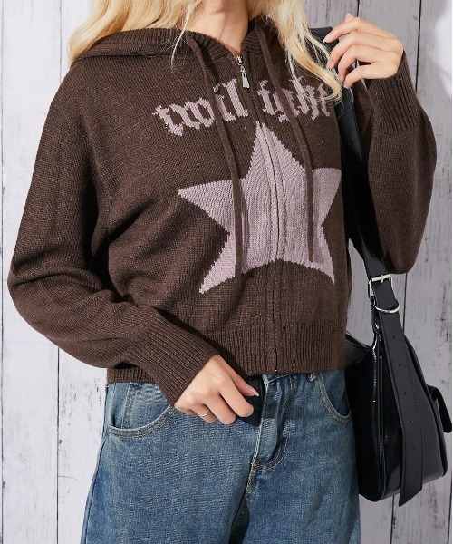 GORGE(ゴージ)の「《星モチーフ×ジップアップ》レディース ニットパーカー クロップド丈 冬コーデ映え(パーカー・レディース・ネイビー/ブラウン/グレー・F)」の2枚目の写真