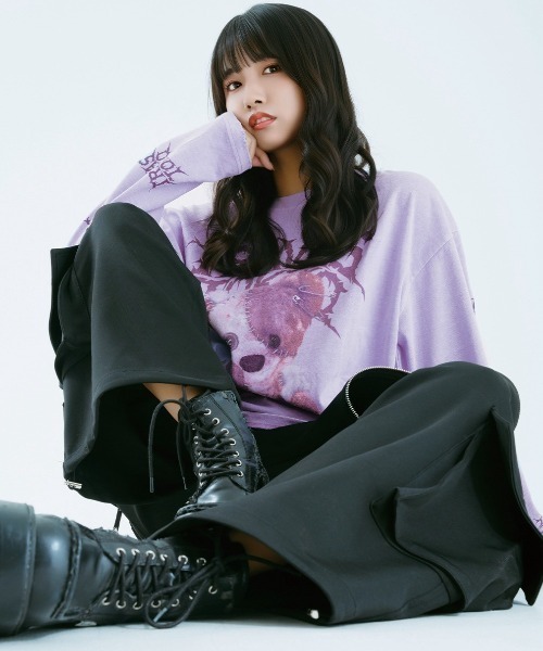 TRAVAS TOKYO(トラバス トウキョウ)の「『TRAVAS TOKYO/トラバス トーキョー』ピグメント加工つぎはぎくまプリントL/S Tee/ロングスリーブカットソー(Tシャツ/カットソー・レディース・ライトパープル/チャコールグレー/ブラック・FREE)」の15枚目の写真