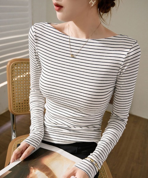 SallyLunn(サリーラン)の「ボートネックボーダートップス(Tシャツ/カットソー・レディース・ブラック/ホワイト/ブラウン・M/L)」の2枚目の写真