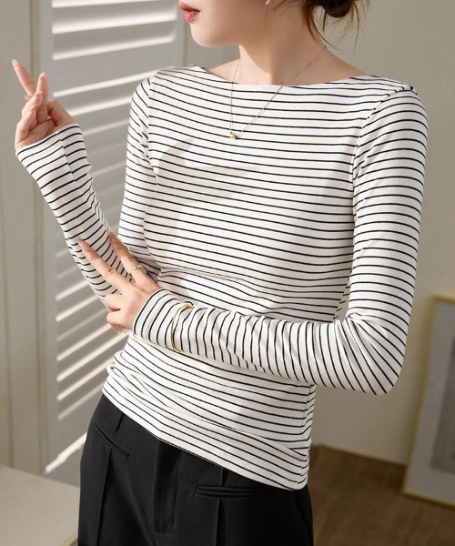 SallyLunn(サリーラン)の「ボートネックボーダートップス(Tシャツ/カットソー・レディース・ブラック/ホワイト/ブラウン・M/L)」の12枚目の写真