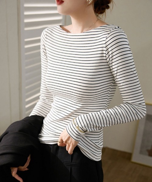 SallyLunn(サリーラン)の「ボートネックボーダートップス(Tシャツ/カットソー・レディース・ブラック/ホワイト/ブラウン・M/L)」の13枚目の写真