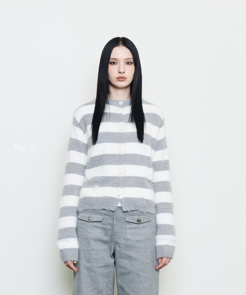 LUVISTRUE(ラヴイズトゥルー)の「EV STRIPE DAMAGE CARDIGAN(カーディガン/ボレロ・レディース・グレー/ブラック・FREE)」の7枚目の写真