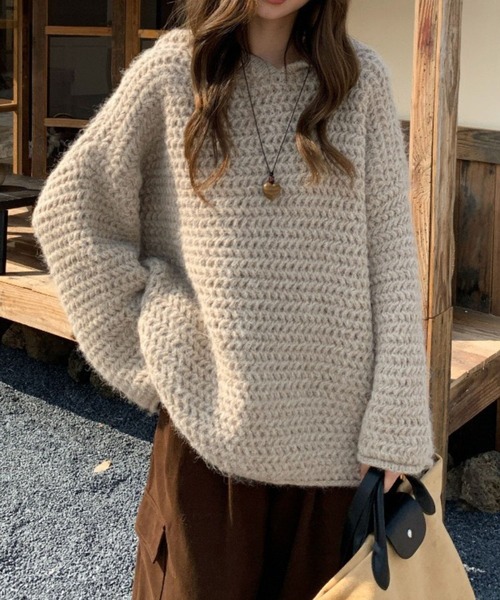 SPIGA(スピーガ)の「ローゲージニットフーディ(パーカー・レディース・ベージュ/ブラウン/グレー/オフホワイト・FREE)」の4枚目の写真