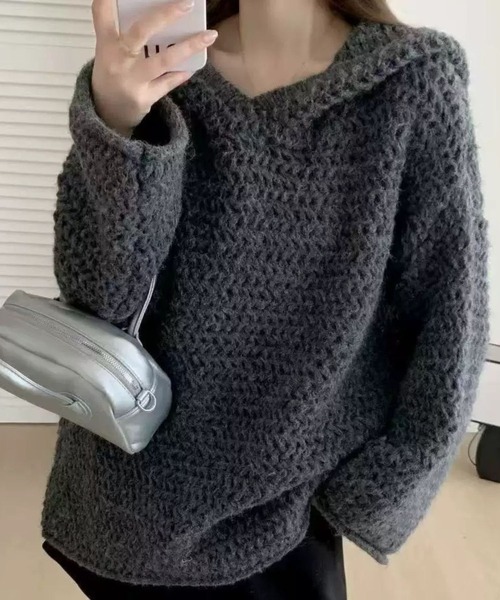 SPIGA(スピーガ)の「ローゲージニットフーディ(パーカー・レディース・ベージュ/ブラウン/グレー/オフホワイト・FREE)」の2枚目の写真