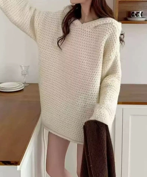 SPIGA(スピーガ)の「ローゲージニットフーディ(パーカー・レディース・ベージュ/ブラウン/グレー/オフホワイト・FREE)」の1枚目の写真