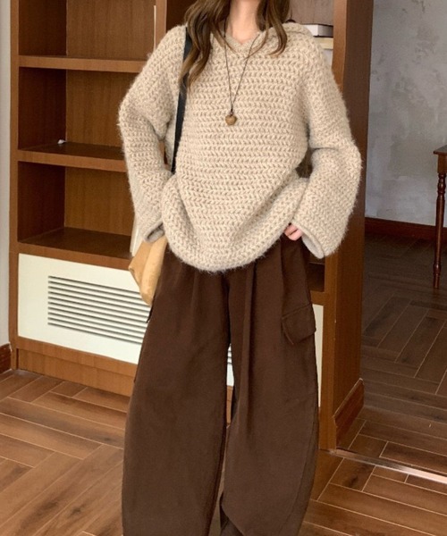 SPIGA(スピーガ)の「ローゲージニットフーディ(パーカー・レディース・ベージュ/ブラウン/グレー/オフホワイト・FREE)」の7枚目の写真