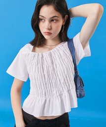 レディース クロッププリーツビエンナフレア半袖Tシャツ [ホワイト]