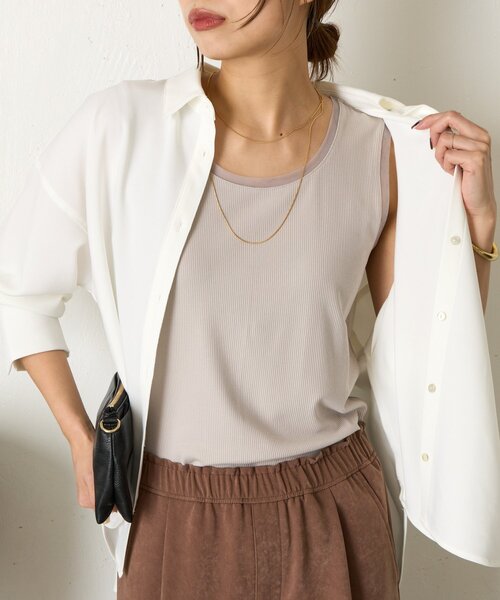 Jena espace merveilleux（ジェナ　エスパスメルヴェイユ）の「【ほんのり透けニュアンス】チュール付リブタンク（タンクトップ・レディース・オフホワイト/ブラック/グレー/モカ・FREE）」の4枚目の写真