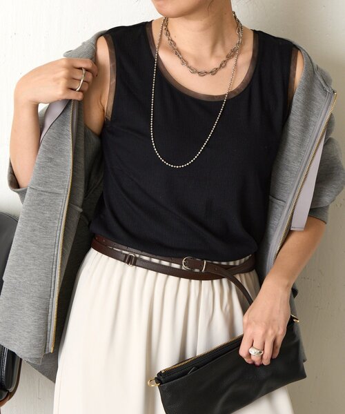 Jena espace merveilleux（ジェナ　エスパスメルヴェイユ）の「【ほんのり透けニュアンス】チュール付リブタンク（タンクトップ・レディース・オフホワイト/ブラック/グレー/モカ・FREE）」の3枚目の写真