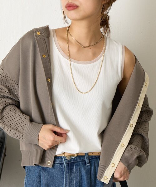 Jena espace merveilleux（ジェナ　エスパスメルヴェイユ）の「【ほんのり透けニュアンス】チュール付リブタンク（タンクトップ・レディース・オフホワイト/ブラック/グレー/モカ・FREE）」の10枚目の写真