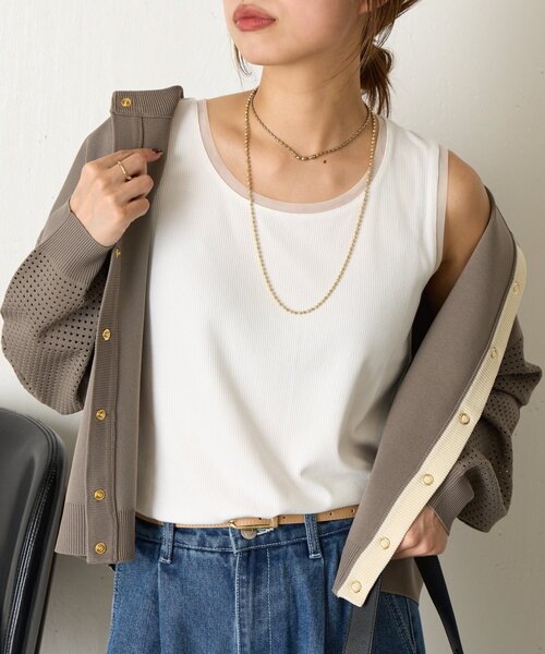 Jena espace merveilleux（ジェナ　エスパスメルヴェイユ）の「【ほんのり透けニュアンス】チュール付リブタンク（タンクトップ・レディース・オフホワイト/ブラック/グレー/モカ・FREE）」の11枚目の写真