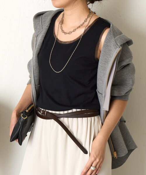 Jena espace merveilleux（ジェナ　エスパスメルヴェイユ）の「【ほんのり透けニュアンス】チュール付リブタンク（タンクトップ・レディース・オフホワイト/ブラック/グレー/モカ・FREE）」の16枚目の写真