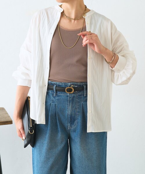 Jena espace merveilleux（ジェナ　エスパスメルヴェイユ）の「【ほんのり透けニュアンス】チュール付リブタンク（タンクトップ・レディース・オフホワイト/ブラック/グレー/モカ・FREE）」の5枚目の写真