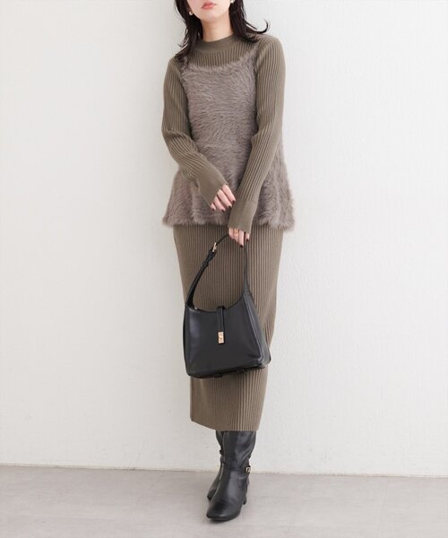natural couture(ナチュラルクチュール)の「バックリボンペプラムビスチェ+ニットワンピース(ワンピース・レディース・モカ/アイボリー/ブラック・MEDIUM/LARGE)」の1枚目の写真