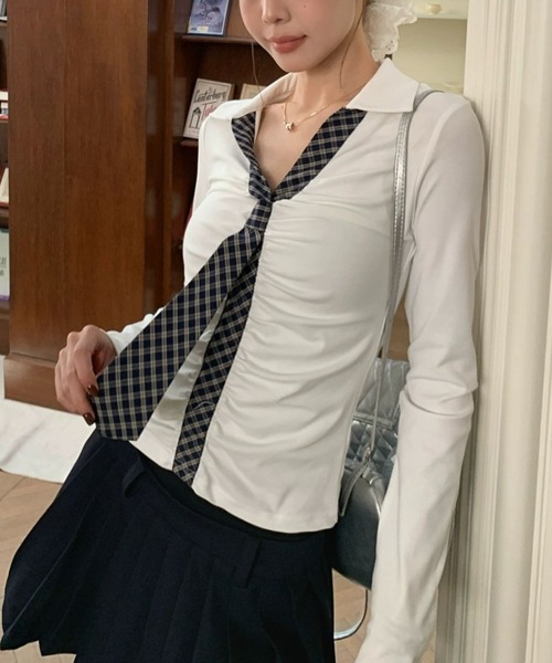 GEMEDA(ジェメダ)の「チェック柄ネクタイデザイン ギャザーリブトップス(シャツ/ブラウス・レディース・ライトグリーン/ブラック/ホワイト・M)」の6枚目の写真