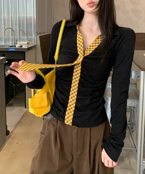 GEMEDA(ジェメダ)の「チェック柄ネクタイデザイン ギャザーリブトップス(シャツ/ブラウス・レディース・ライトグリーン/ブラック/ホワイト・M)」の20枚目の写真