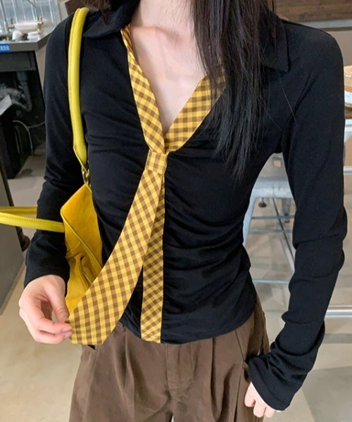 GEMEDA(ジェメダ)の「チェック柄ネクタイデザイン ギャザーリブトップス(シャツ/ブラウス・レディース・ライトグリーン/ブラック/ホワイト・M)」の22枚目の写真