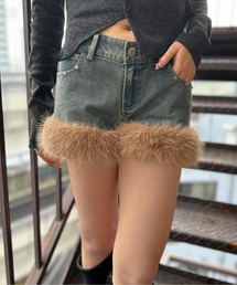 《裾ファー付き×デニム素材》デニムショートパンツ/秋冬Y2K