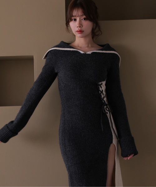 M DOLLY（エムドリー）の「*M DOLLY original* lace up bella knit dress/レースアップベラニットドレス（ワンピース・レディース・ブラック/ブラウン・FREE）」の2枚目の写真