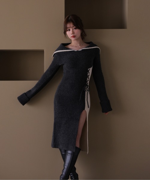 M DOLLY（エムドリー）の「*M DOLLY original* lace up bella knit dress/レースアップベラニットドレス（ワンピース・レディース・ブラック/ブラウン・FREE）」の3枚目の写真