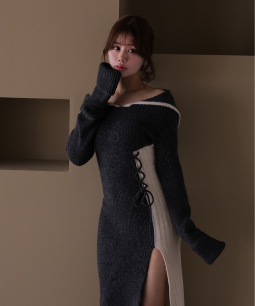 M DOLLY（エムドリー）の「*M DOLLY original* lace up bella knit dress/レースアップベラニットドレス（ワンピース・レディース・ブラック/ブラウン・FREE）」の5枚目の写真