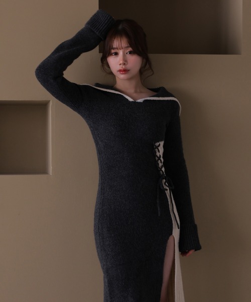 M DOLLY（エムドリー）の「*M DOLLY original* lace up bella knit dress/レースアップベラニットドレス（ワンピース・レディース・ブラック/ブラウン・FREE）」の6枚目の写真