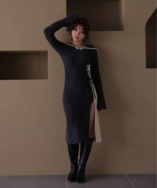M DOLLY（エムドリー）の「*M DOLLY original* lace up bella knit dress/レースアップベラニットドレス（ワンピース・レディース・ブラック/ブラウン・FREE）」の7枚目の写真