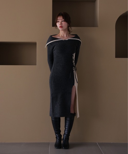 M DOLLY（エムドリー）の「*M DOLLY original* lace up bella knit dress/レースアップベラニットドレス（ワンピース・レディース・ブラック/ブラウン・FREE）」の8枚目の写真