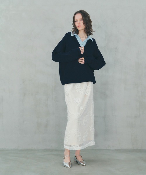 YECCA VECCA（イェッカヴェッカ）の「フラワー柄刺繍メッシュスカート（スカート・レディース・アイボリー/ブラック・FREE）」の5枚目の写真