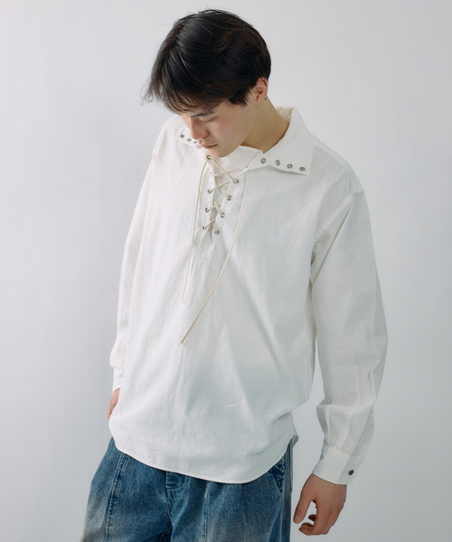 JOURNAL STANDARD J.S HOMESTEAD(ジャーナルスタンダードホームステッド)の「J.S.Homestead / レース アップ シャツ(シャツ/ブラウス・メンズ・ブルー/ホワイト・MEDIUM/LARGE)」の8枚目の写真