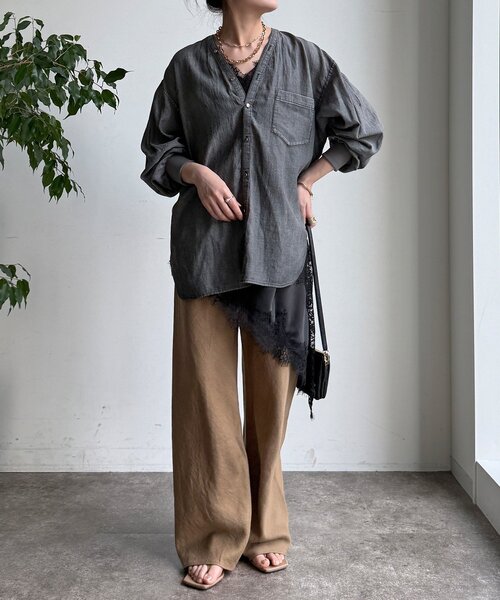 DouDou（ドゥドゥ）の「シアーデニム袖リブVVシャツ（シャツ/ブラウス・レディース・サックスブルー/グレー/ネイビー・FREE）」の6枚目の写真