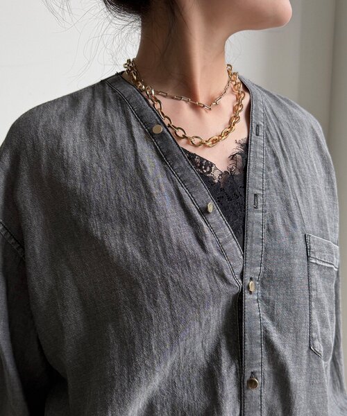 DouDou（ドゥドゥ）の「シアーデニム袖リブVVシャツ（シャツ/ブラウス・レディース・サックスブルー/グレー/ネイビー・FREE）」の16枚目の写真