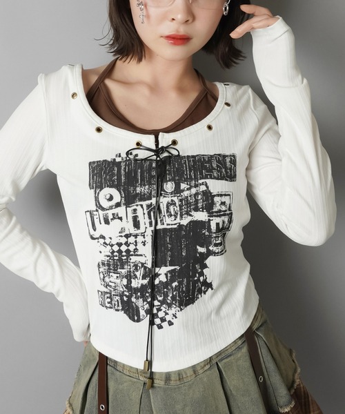 SPINNS(スピンズ)の「キャミ仕込みで差がつく☆ロマンスパンクレイヤードトップス(Tシャツ/カットソー・レディース・ブラック/杢グレー/オフホワイト・ONESIZE)」の11枚目の写真